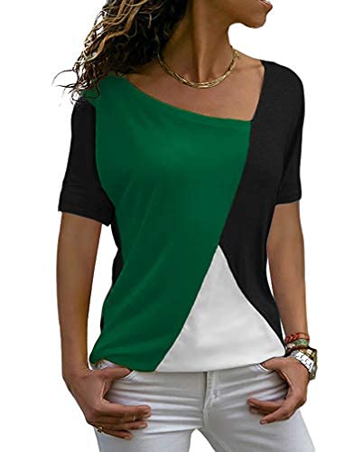 Sarin Mathews Womens Shirts Casual Tee Shirts Short Sleeve Patchwork Color Block Loose Fits Tunic Tops Blouses InkGreen+Black XL