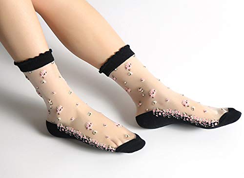 Floosum Womens 4 Pairs Ultrathin Transparent Lace Elastic Short Socks, 4 Pair Piont