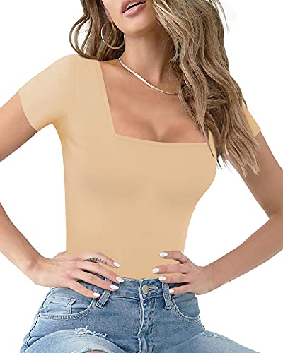 MANGOPOP Womens Short Sleeve/Long Sleeve Square Neck T Shirts Tops Tees (Short Sleeve Nude, Medium)