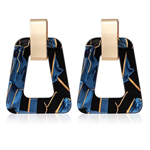 Acrylic Geometric Statement Earrings - Mottled Resin Lightweight Dangle Earrings for Party or Vacation (BLACK BLUE)