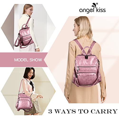 Women Bags Backpack Purse PU Leather Zipper Bags Casual Backpacks Shoulder Bags (DK8532#8528#85PINK)