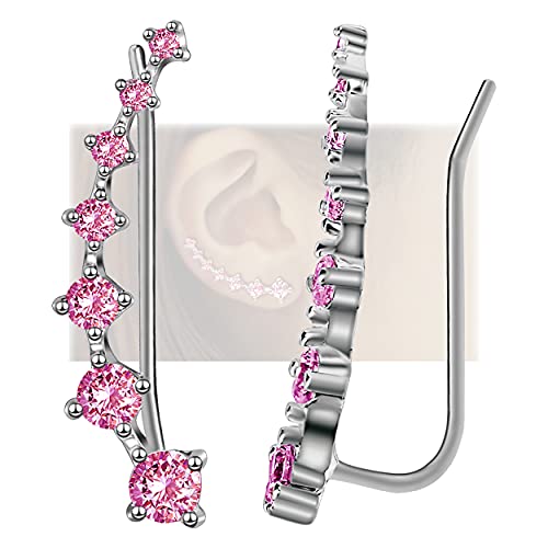 S925 Sterling Silver and Pink Crystal Climber Ear Cuff Hoop Earrings