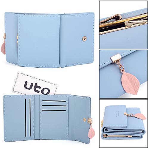 UTO Small Wallet for Women PU Leather Leaf Pendant Card Holder Organizer Coin Cute Purse Light Blue