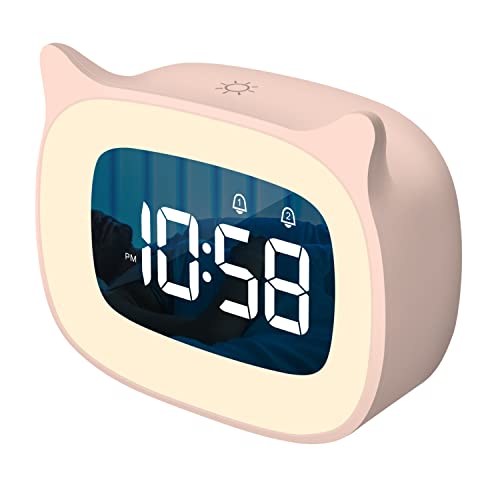 SMOUPING Kids Alarm Clock with Night Light Stepless Dimming,Cute Cat Ear Digital Clock for Boys and Girls,5 Minute Alarm,Ok to Wake Up Children(Pink)