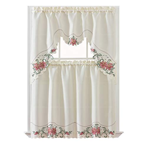 Lily Fragrance. 3pcs Multi-Color Embroidery Kitchen Cafe Curtain Set Swag and Tiers Set with cutworks. (Burgundy)