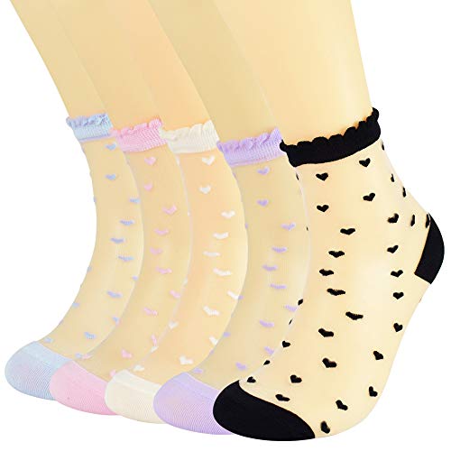 Floosum Womens 5 Pairs Ultrathin Transparent Lace Elastic Fishnet Short Socks, 5 Pair Polka Dot