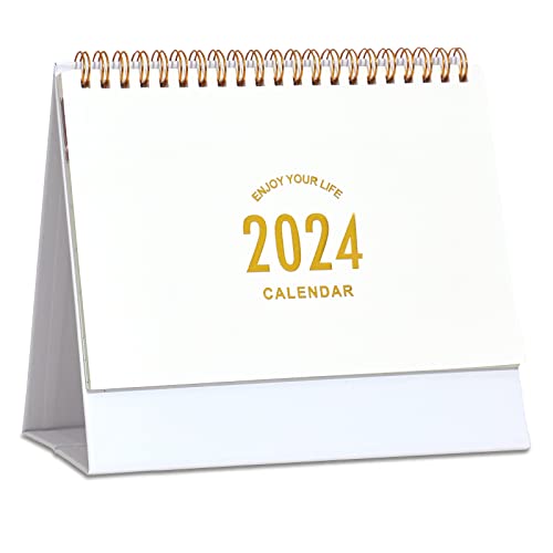 Small Desk Calendar 2023-2024, Standing Flip Desktop Calendar Sep 2023 to December 2024, Metal Ring Twin-Wire Binding Monthly Desktop Calendar for Home Office School (White)