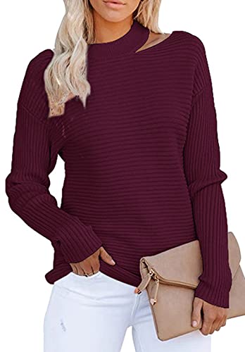 KIRUNDO 2021 Women’s Sweaters Halter Neck Off Shoulder Long Sleeves Knit Sweater Loose Solid Pullovers Tops (Wine Red, X-Large)