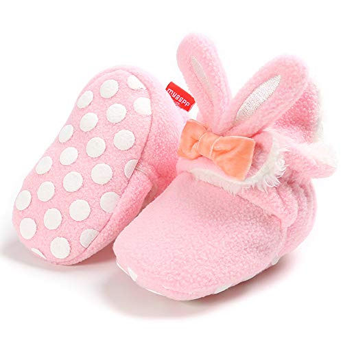 Newborn Baby Girl's Bunny & Bow Cozy Fleece Booties w/Gripper Soles, Pink