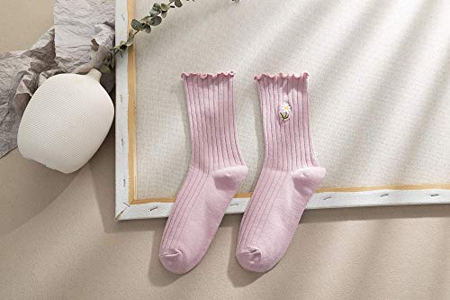 5 Pair Pack - Women's High Ankle Knit Ruffled Daisy Embroidered Dress Socks