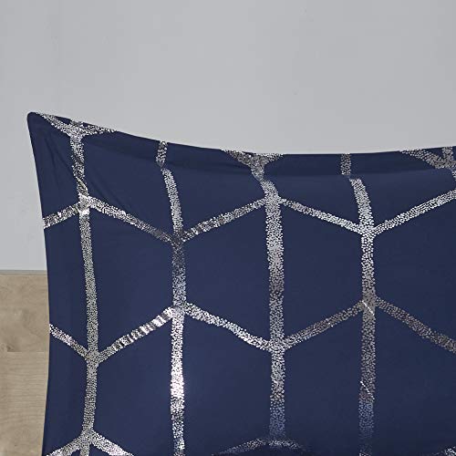 Intelligent Design Raina Comforter Microfiber Metallic Print Geometric, Embroidered Toss Pillow Modern Trendy Casual All Season Bedding Set with Matching Sham, Full/Queen, Navy/Silver 5 Piece