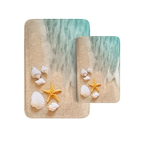 Britimes Beach Starfish Sea Shell Ocean Bathroom Rug Mat Set of 2,Washable Cover Floor Rug Carpets Floor Bath Mat Bathroom Decorations 16x24 and 20x32 Inches