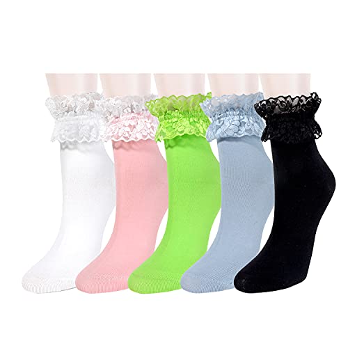 Womens Gils Novelty Funny Funky Crew Socks Colorful Crazy Cute Floral Animal Food Patterned Cotton Dress Socks Gifts，5 Pair Ruffle Lace Plain