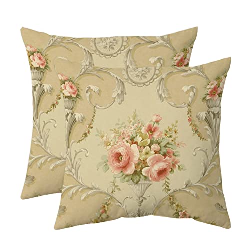 Vintage Floral Throw Pillow Covers Set of 2 Decorative Rose Art Couch Pillow Cases Farmhouse Shabby Chic Pink Peony Outdoor Cushion Cover for Bedroom Living Room Sofa, 18
