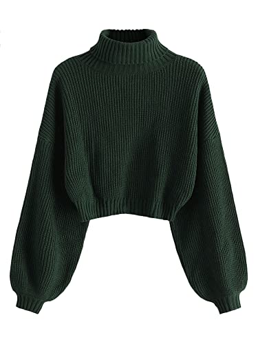 ZAFUL Women's Cropped Turtleneck Sweater Lantern Sleeve Ribbed Knit Pullover Sweater Jumper (2-Green, M)