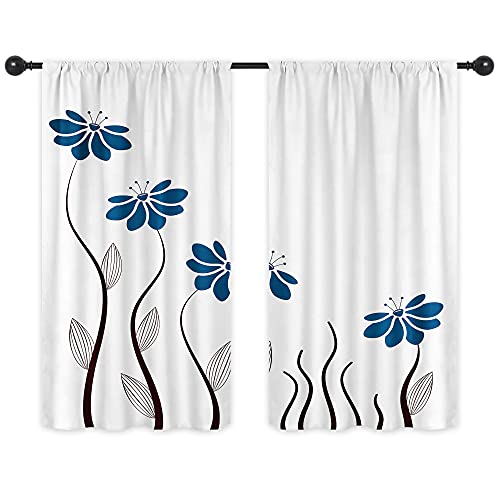 Riyidecor Blue Flower Kitchen Curtains 55 x 39 Inch Floral Petals Rod Pocket Leaves Lines Woman Girl White Plant Silhouettes Printed Living Room Bedroom Window Drapes Treatment Fabric 2 Panels WW-TGNA