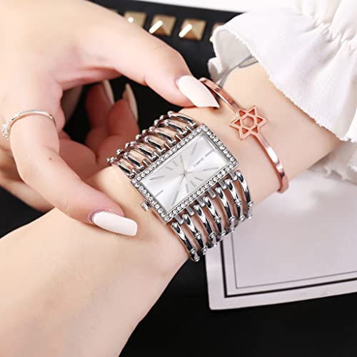 Fashion Bracelet Watches for Women Luxury Rectangular Dial Analog Quartz Wrist Watch Gifts for Ladies (Diamond Silver)