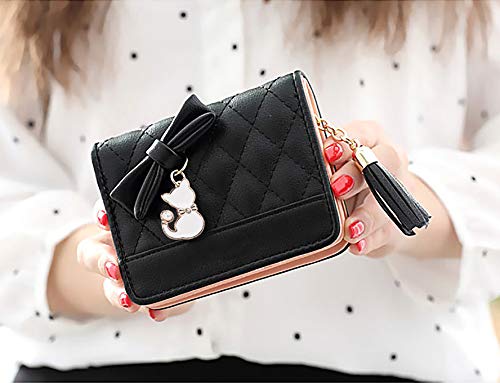 UTO Women PU Leather Small Wallet Cat Pendant Card Phone Holder Zipper Coin Purse Zoey Black