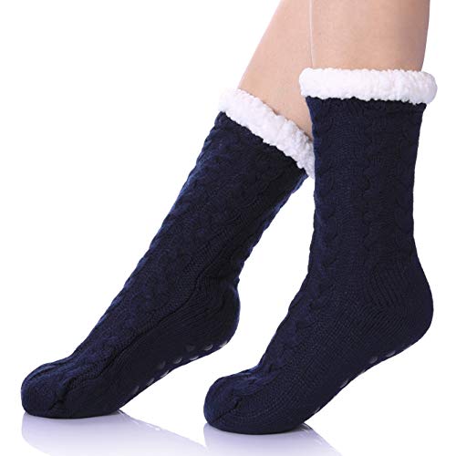 SDBING Women's Winter Super Soft Warm Cozy Fuzzy Fleece-Lined with Grippers Slipper Socks (Dark Blue)