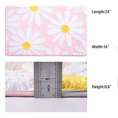 Pink Bathroom Rugs Cute Daisy Bath Mat White and Yellow Flower Decor Rug Non Slip Floor Carpet Microfiber Bathmat Super Absorbent Machine Washable Bahtub Mats for Shower, Tub, Bedroom 16"x 24"