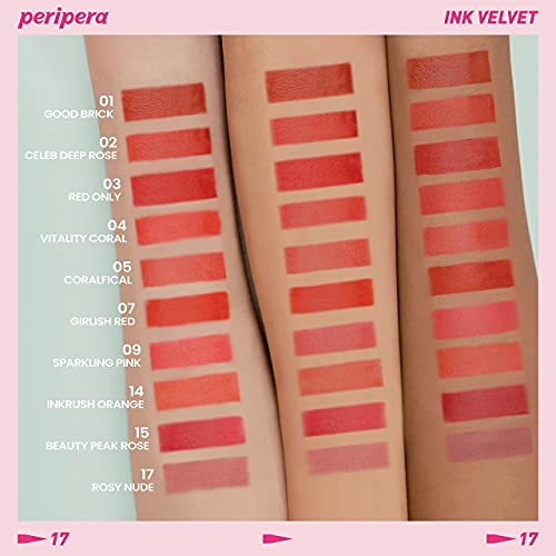 Peripera Ink the Velvet Lip Tint | High Pigment Color, Longwear, Weightless, Not Animal Tested, Gluten-Free, Paraben-Free | Rosy Nude (#17), 0.14 fl oz