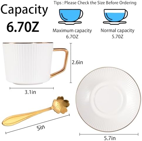 ICHAG Cups and Saucers Set of 6, Coffee Mugs, Tea Cups Set with Bowknot, Tea Set, 18-piece, Cup with 8.4oz, Golden Spoon, For Tea Party, Christmas Gifts, Gifts for Home Office