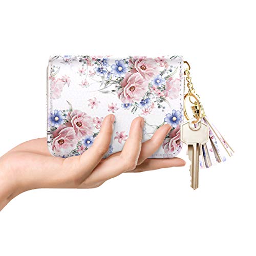 RFID Blocking Pocket Wallet and Card Holder with Tassel, Pink and Blue Flowers