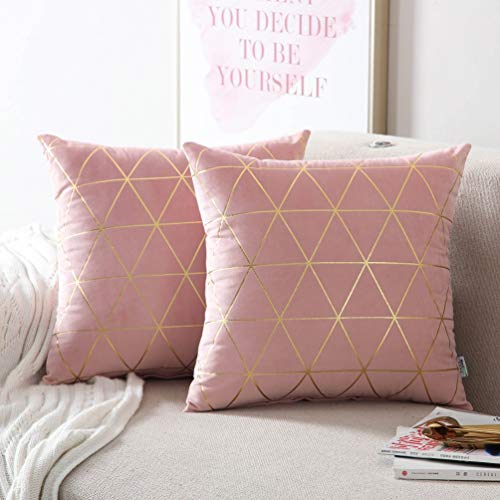 Pack of 2 Pink and Gold Geometric Design 18 x 18 inch Pillow Cushion Covers