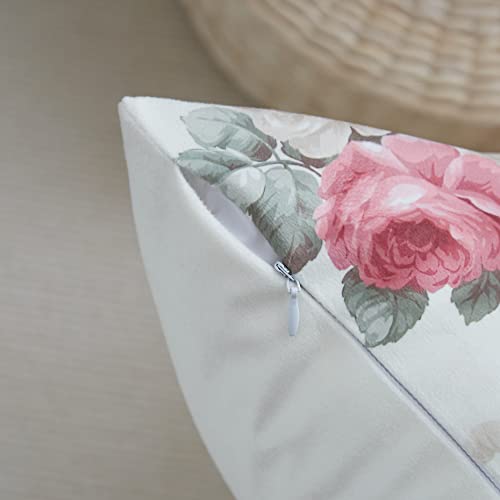 Vintage Floral Throw Pillow Covers Set of 2 Pink Rose Flowers Leaf Pillow Cases Shabby Chic Couch Cushion Cover for Sofa Bedroom Living Room, 18" x 18", Beige Pink