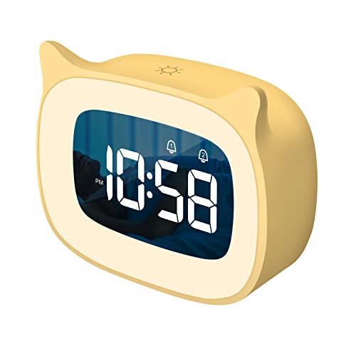 SMOUPING Kids Alarm Clock with Night Light Stepless Dimming,Cute Cat Ear Digital Clock for Boys and Girls,5 Minute Alarm,Ok to Wake Up Children(Yellow)