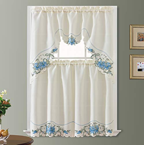 Lily Fragrance. 3pcs Multi-Color Embroidery Kitchen Cafe Curtain Set Swag and Tiers Set with cutworks. (Blue)