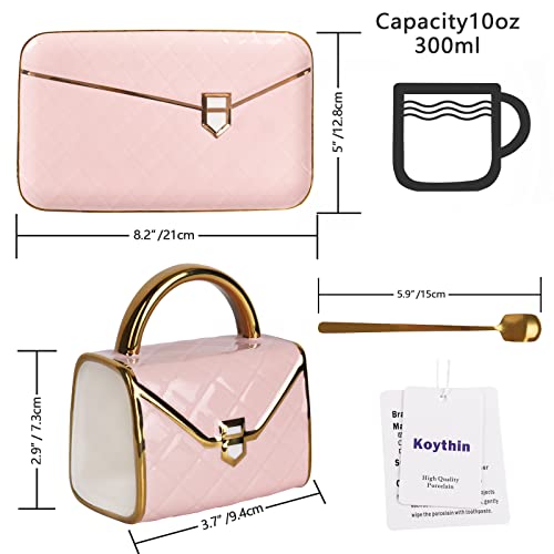 Koythin Ceramic Coffee Mug, Creative Cute Handbag Shaped Mug and Saucer for Office and Home, 10 oz/300 ml for Tea Latte Milk (Peach Pink)