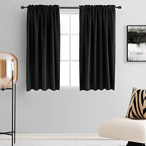 DONREN 99% Blackout Curtain Panels for Bedroom - Thermal Insulating Rod Pocket Drapes for Small Windows(42 x 45 Inch,Set of 2 Panels,Black)