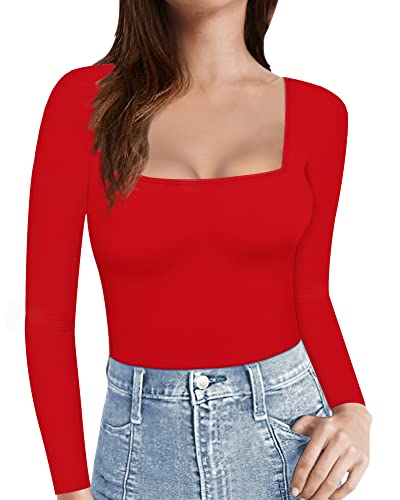 MANGOPOP Womens Short Sleeve/Long Sleeve Square Neck T Shirts Tops Tees (Long Sleeve Red, Medium)