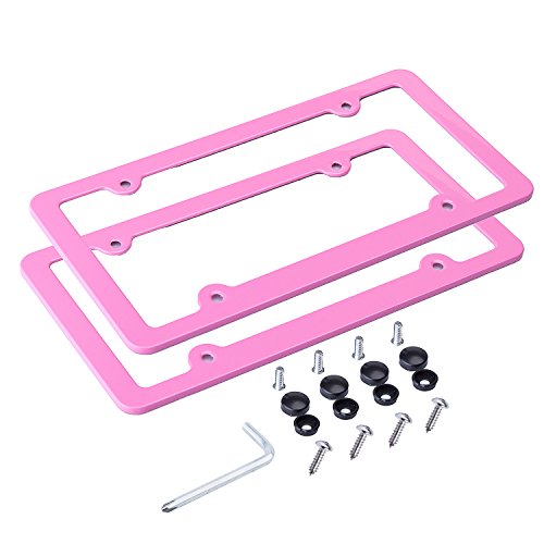 L-Fine Aluminum Alloy License Plate Frame with Screw Caps (Pink 4 Holes)