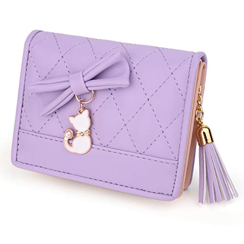 UTO Women PU Leather Small Wallet Cat Pendant Card Phone Holder Zipper Coin Purse Zoey Light Purple