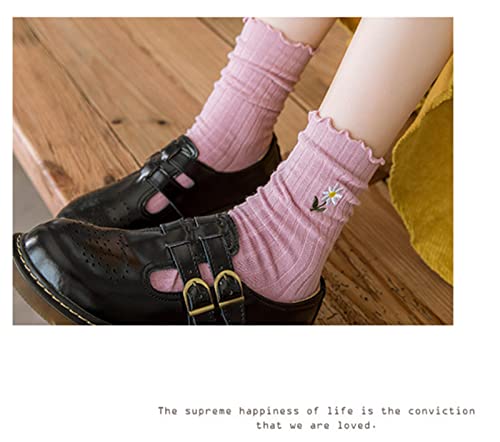 Kimkshine Womens Ruffle Socks High Ankle Casual Knit Dress Sock Fashion Women Princess Socks Cute Embroidery 5 Pairs