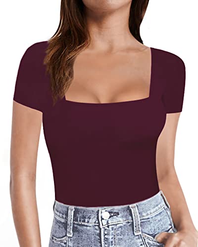 MANGOPOP Womens Short Sleeve/Long Sleeve Square Neck T Shirts Tops Tees (Short Sleeve Burgundy, Medium)