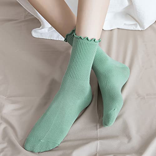 Bellady Cute Ruffle Socks for Women, Funny Cotton Crew Socks, Frilly Ankle Socks Women 5 Pairs, Green