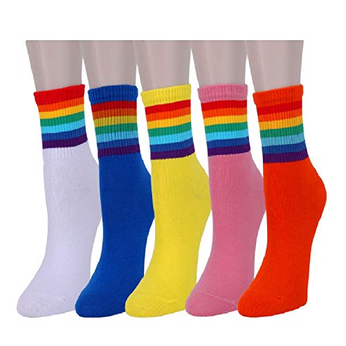 Womens Novelty Funny Crew Socks Girls Cute Floral Colorful Patterned Socks Silly Funky Casual Cotton Flower printed Socks Gift，5 Pack-rainbow Stripes