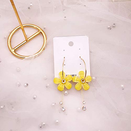 Romantic Crystal Acrylic Rose Flower Earrings Five Leaves Exaggerated Round Hoop long Tassel Earring for Women Jewelry (Yellow)