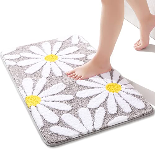 Gray Bathroom Rugs Cute Daisy Bath Mat White and Yellow Flower Decor Rug Non Slip Floor Carpet Microfiber Bathmat Super Absorbent Machine Washable Bahtub Mats for Shower, Tub, Bedroom 16