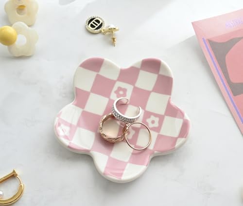 OVENKEI Room Decor Aesthetic Stuff for Teen Girls Gifts Trendy Stuff Pink Room Decor Aesthetic Room Decor Bedroom Decor Aesthetic Checkered Jewelry Tray