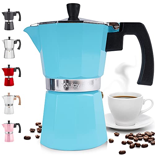 Zulay Classic Stovetop Espresso Maker for Great Flavored Strong Espresso, Classic Italian Style 3 Espresso Cup Moka Pot, Makes Delicious Coffee, Easy to Operate & Quick Cleanup Pot (Blue)