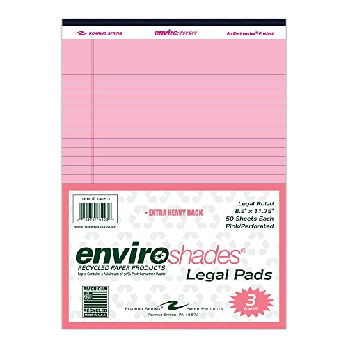 Roaring Spring Enviroshades Recycled Legal Pads, 3 Pack, 8.5" x 11.75" 50 Sheets, Pink
