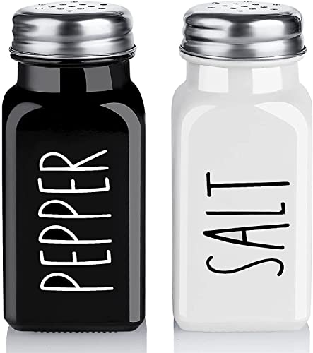 Salt and Pepper Shakers Set, Farmhouse Salt Shaker, Modern Farmhouse Kitchen Table Decor for Home Restaurants Wedding, Vintage Glass Black and White Shaker Sets with Stainless Steel Lid, 2.7oz Each