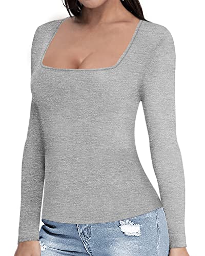 MANGOPOP Womens Short Sleeve/Long Sleeve Square Neck T Shirts Tops Tees (Long Sleeve Light Heather Grey, Medium)