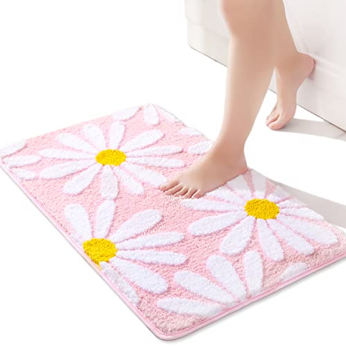 Pink Bathroom Rugs Cute Daisy Bath Mat White and Yellow Flower Decor Rug Non Slip Floor Carpet Microfiber Bathmat Super Absorbent Machine Washable Bahtub Mats for Shower, Tub, Bedroom 16