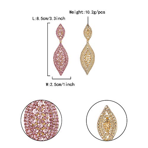 Pink and Gold Women's Rhinestone Crystal Wedding Bridal 2-Leaf Drop Dangle Chandelier Earrings