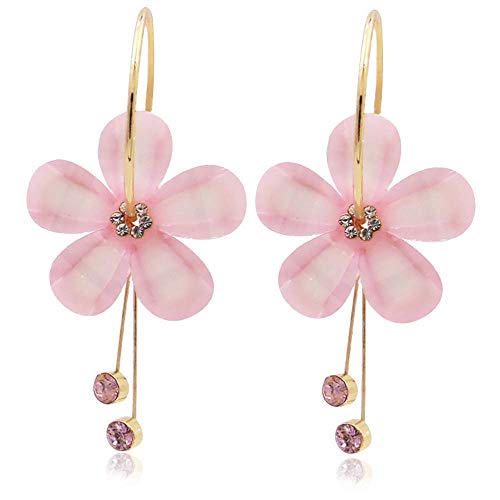 Romantic Crystal Acrylic Rose Flower Earrings Five Leaves Exaggerated Round Hoop long Tassel Earring for Women Jewelry (Red) (Pink)